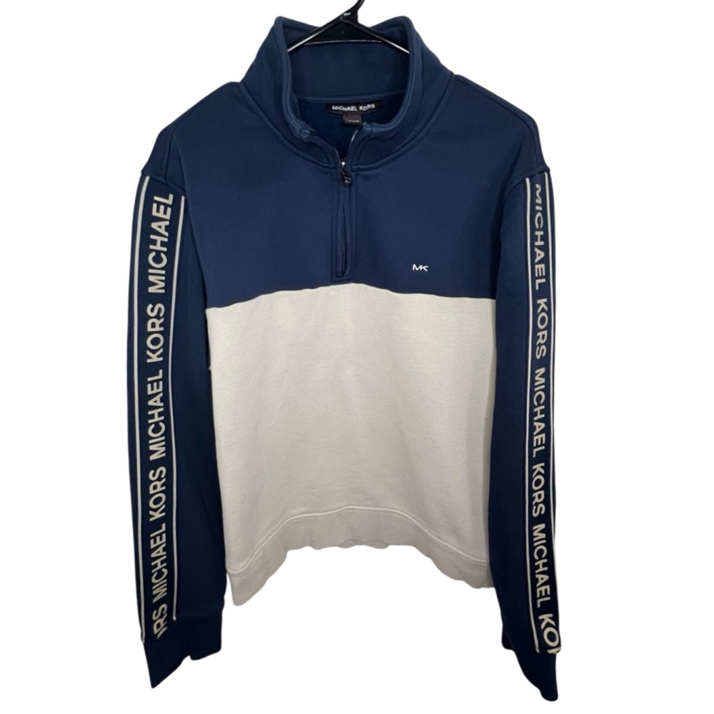Michael Kors Navy And Tan Color Block Quarter Zip Pullover Sweatshirt